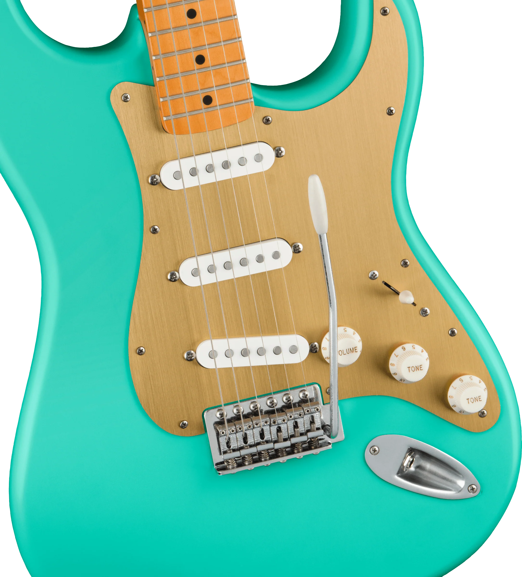 Squier 40th Anniversary Stratocaster®, Vintage Edition, Maple Fingerboard, Gold Anodized Pickguard, Satin Sea Foam Green - Image 3