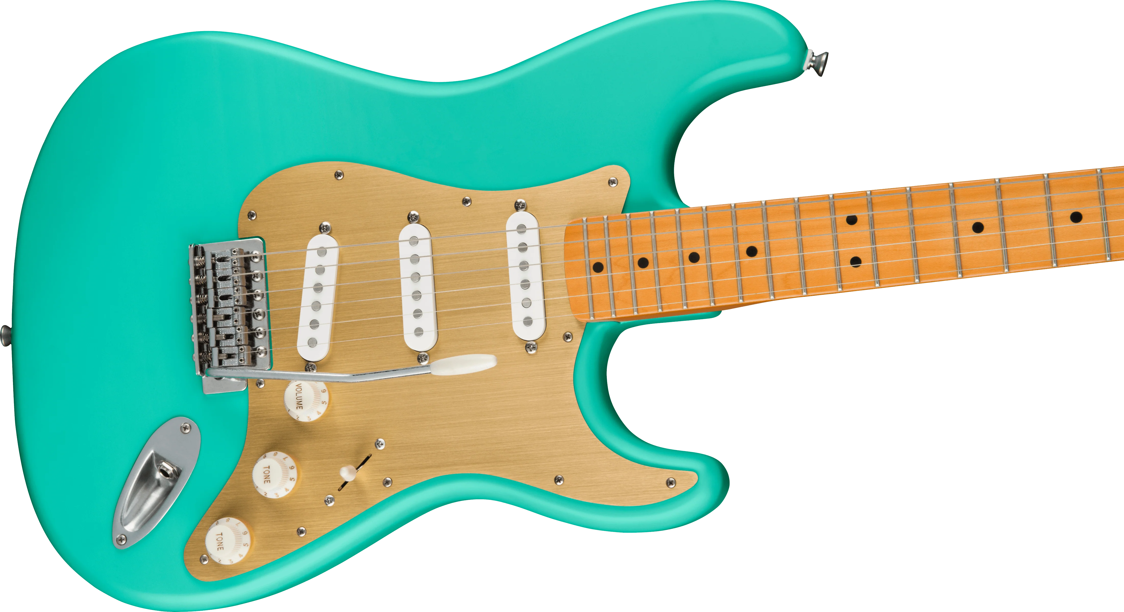 Squier 40th Anniversary Stratocaster®, Vintage Edition, Maple Fingerboard, Gold Anodized Pickguard, Satin Sea Foam Green - Image 4