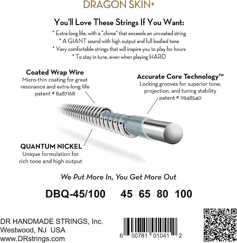 DR Strings Dragon Skin+ Coated Quantum Nickel 4 string Bass Guitar Strings 45-105 Medium - Image 2