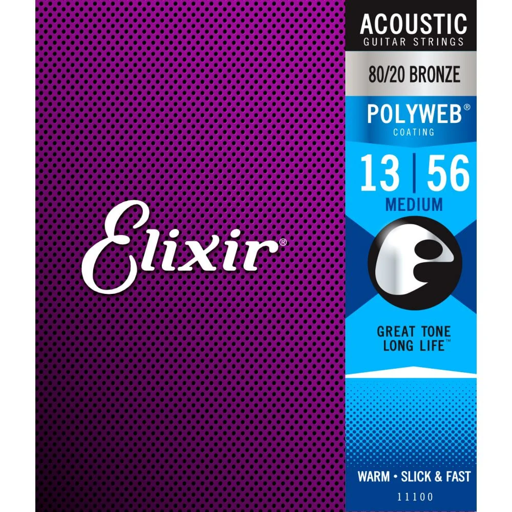 Elixir Polyweb 80/20 Bronze Acoustic Guitar Strings 13-56 Medium Gauge