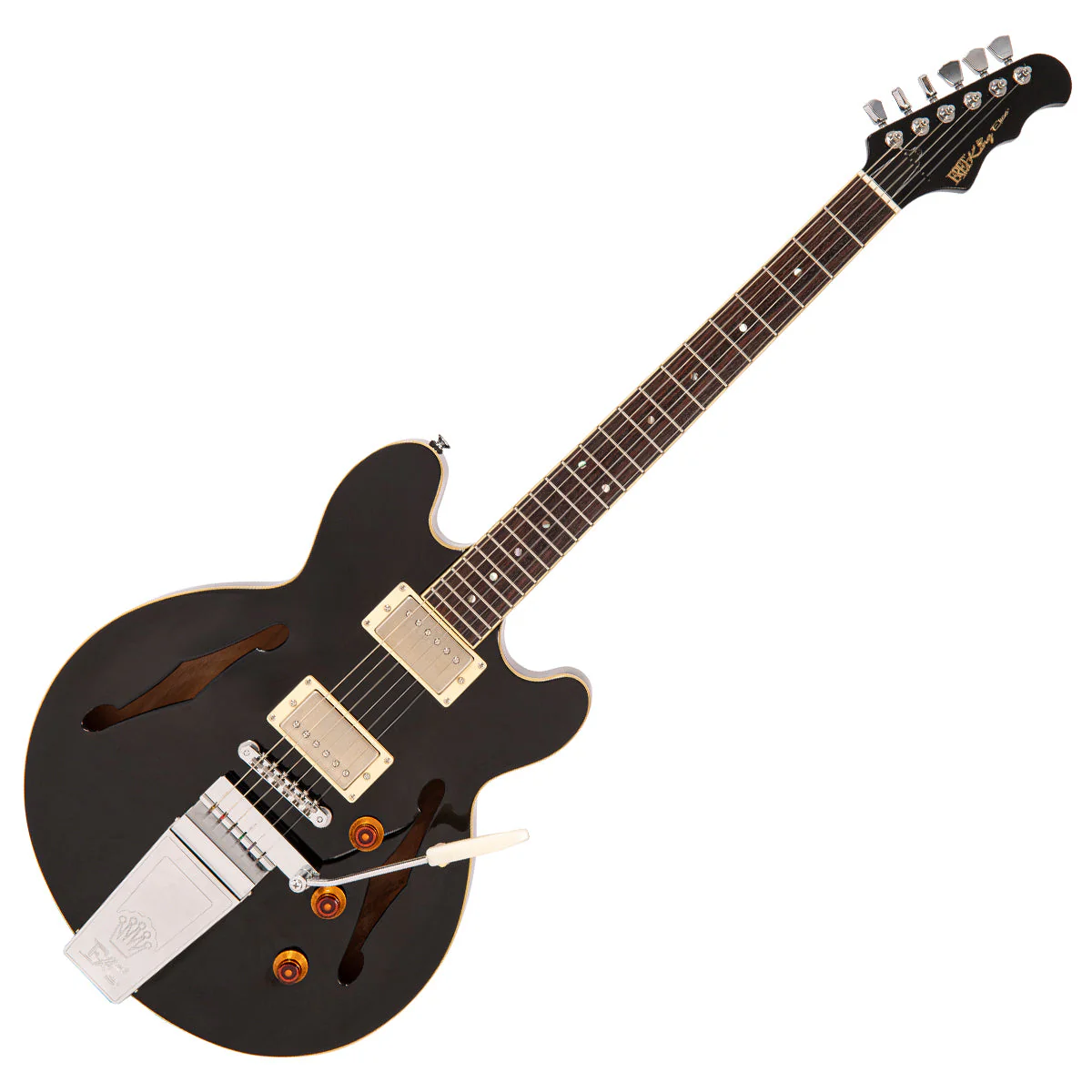 Fret-King Elise Custom with vintage style Vibrato ~ Gloss Black - Image 3