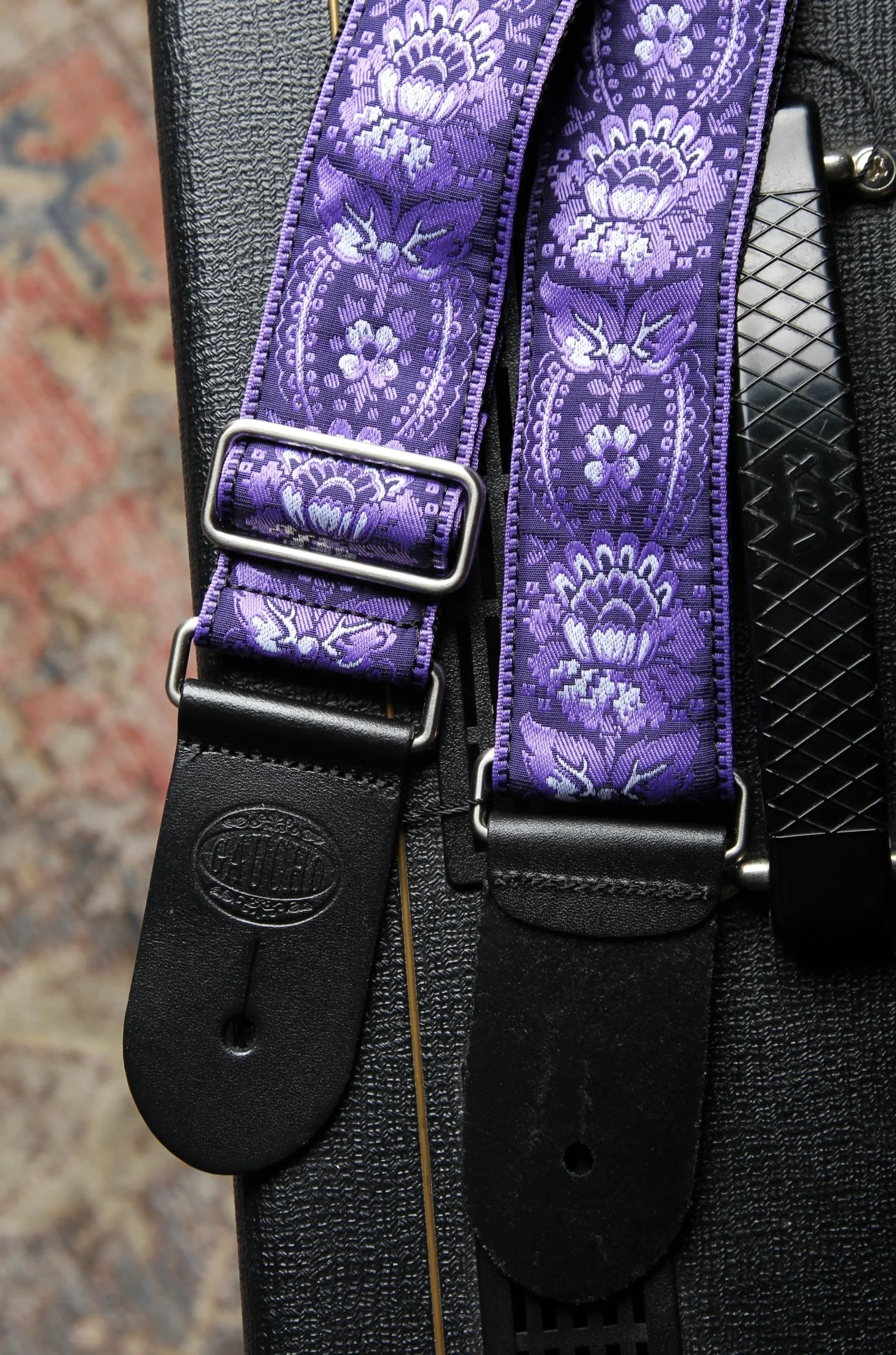 Vintage Jacquard Weave Premium Guitar Strap Cotton/Leather - Purple/White